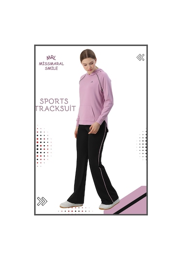 Kadın Spor Eşofman Takım İspanyol Paça Çift Cepli Alt &kapüşonlu Kanguru Cepli Üst Lila Rengi 3053 Lila