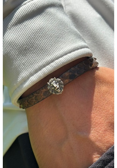 Aslan Kafası El İşçiliği İle Üretilmiş Hakiki Deri Erkek Bileklik Siyah