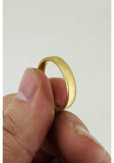 Kişiye Özel İsim Tarih Yazılı 4mm Mat Fırçalanmış Düz Unisex Çelik Yüzük Alyans Cl45y Sarı