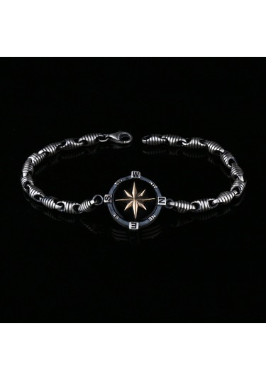 Fkgümüş 925 Ayar Gümüş Oniks Taşlı Pusula Erkek Bilekik Gümüş