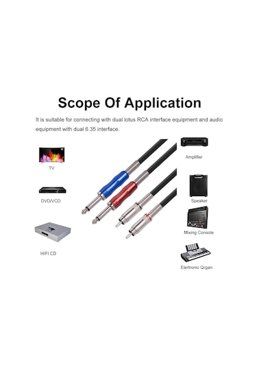 3051k63 Çift Rca Erkek - Çift 6.35mm 1/4 İnç Erkek Mikser Ses Kablosu, Uzunluk: 1m