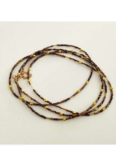 K216 Minimal, Zarif Boncuk, Dolamalı Kolye Kahverengi&atın Sarı Altın - Kahverengi