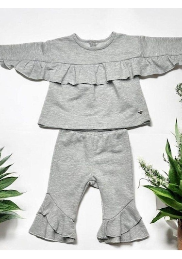 Kız Bebek Fırfır Detaylı Eşofman Takım-14856 Gri