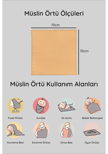 Unisex Renkli Pamuk 6lı Çok Amaçlı Müslin Bez Kahverengi