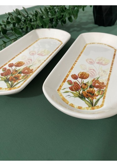 Vintage Lale 2 Adet Oval Kahvaltı Tabağı Kızıl Kahve