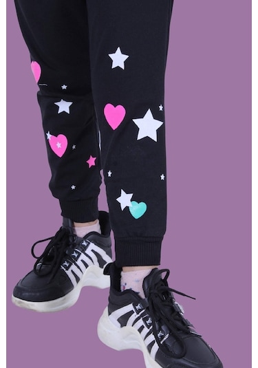 Kalp Ve Yıldız Desen Detaylı Kız Çocuk Siyah Eşofman Altı Siyah