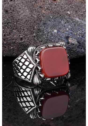 İpek Silver 925 Ayar Gümüş Bordo Akik Taşlı Model Yüzük