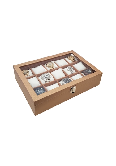 Chavin 15 Li Diamond Gold Deri Ahşap Camlı Saat Kutusu St15-57