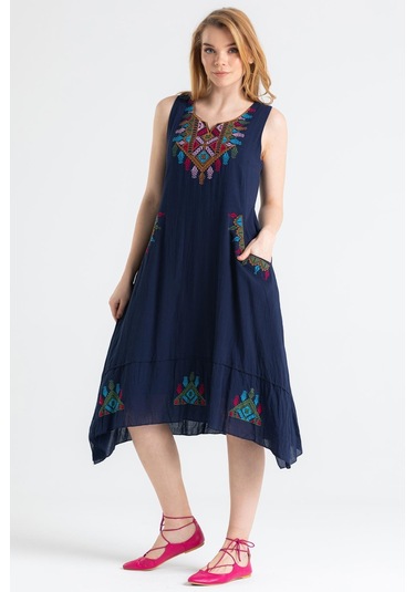 Kolsuz Şile Bezi Antik Nakışlı Midi Boy Elbise Lacivert Lcvt-lacivert Lacivert