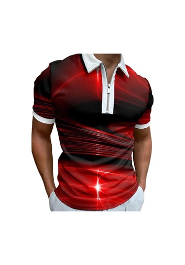 Kırmızı Rahat Yaka T-shirt Genç Erkek Moda Fermuar Kısa Kollu Tişört Erkek 3d Yeşil Işınları Baskı T Gömlek Kırmızı