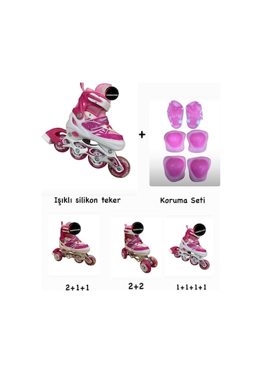 Işıklı Çocuk Pateni Ayarlanılabilir Alıştırma Silikon Tekerli Frenli Metal Gövdeli Paten Dizlik Set Pembe
