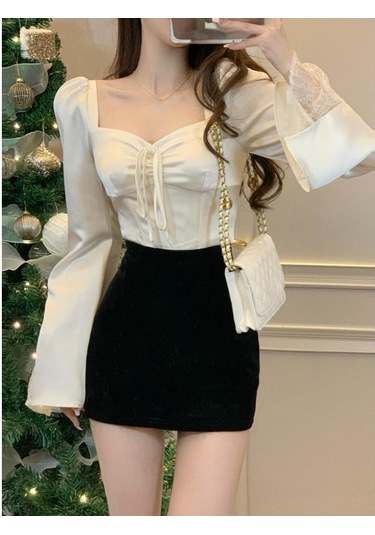 2023 Bahar Uzun Kollu Elbise Zarif Saten Bluz Kadın Ince Kare Boyun Y2k Giyim Kore Moda Rahat Gömlek Ofis Kadın Üstleri Bej