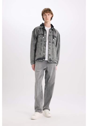 DeFacto %100 Pamuk Oversize Geniş Kalıp Kapüşonlu Düğmeli Mevsimlik Baharlık Jean Ceket D0416AX25SPNM55