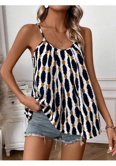 The İstanbul Kadın Askılı Yuvarlak Yaka Desenli Süprem Bluz Desenli