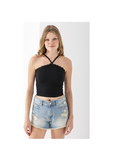 Giysa Kadın Çapraz Askılı Dantel Detaylı Crop Body Siyah - Ms0000309 Siyah