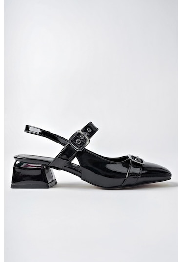 Muggo Yuqi Arkası Açık Küt Burun Çift Kemerli Kadın Günlük Klasik Kısa Topuklu Ayakkabı Sıyahrugan