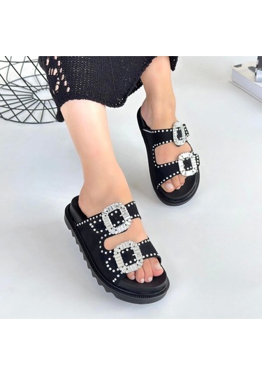 Juana Siyah Nubuk Taşlı Terlik Çok Renkli