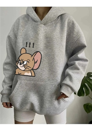 Sweatshirt Tom Ve Jerry Baskılı Kapşonlu Gri