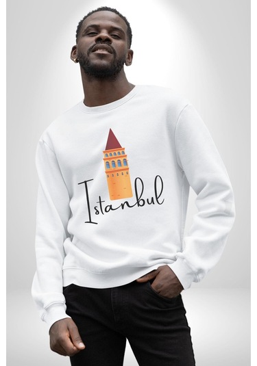 İstanbul Galata Kulesi Unisex Beyaz Sweatshirt Beyaz