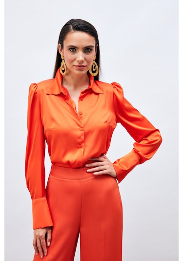 Sateen Vatkalı Saten Gömlek - Oranj
