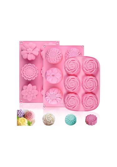 Shineyee 3'lü Yemek Kalitesi Silikon Kalıp Seti - Çiçek Şekli, Sabun/çikolata/çerez Hazırlama, Anti Yapışkan, -40 C'den 230 C'ye Dayanıklı Pembe