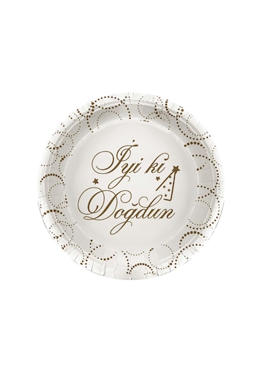 Tabak Elegant İyi Ki Doğdun Beyaz Noktalı 23cm 6lı Lüks Doğum Günü Tabağı