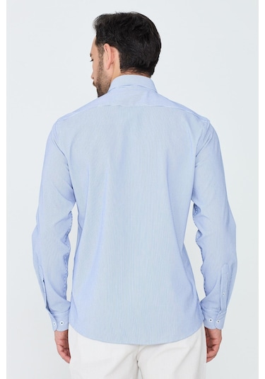 White Stone Mavi İnce Çizgili Dynamic Fit Uzun Kollu Erkek Gömlek MAVİ