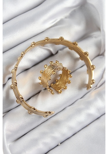 Zarif Kadın İçin Golden Pirinç Topcuk Stil Bileklik Yüzük Seti Bakır