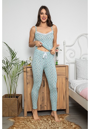 Kadın Çiçek Desenli Dantel Detaylı Şortlu Ve Taytlı Pijama Takımı 3'lü Set 75013 Mint