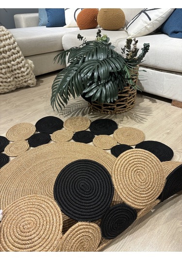 Mavaux Hasır Jüt Çiçek Desenli Kilim Halı Siyah - Hasır