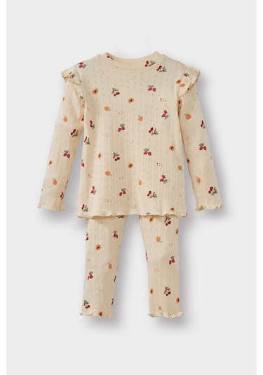 Defacto Kız Bebek Pijama Takımı Meyve Desenli Uzun Kollu Fitilli Kaşkorse Üst Uzun Alt G1524a525wnbg744 Bej