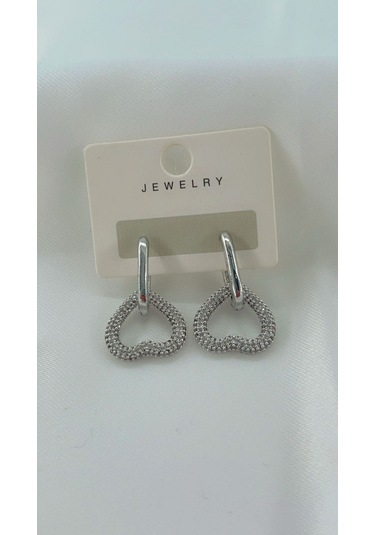 Kadın Zirkon Taşlı Tasarım Kalp Küpe Gümüş Renk Gümüş