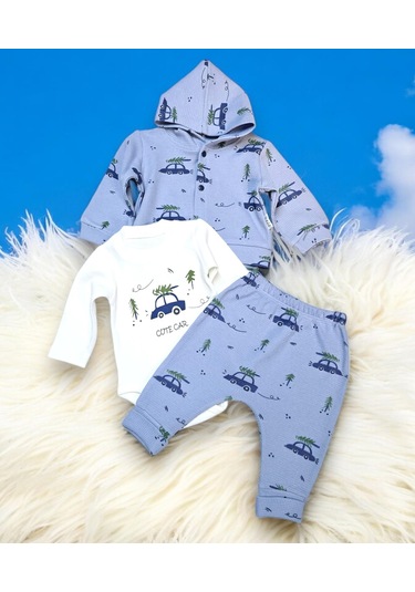 Araba Desenli Hırkalı Erkek Bebek Takım mavi