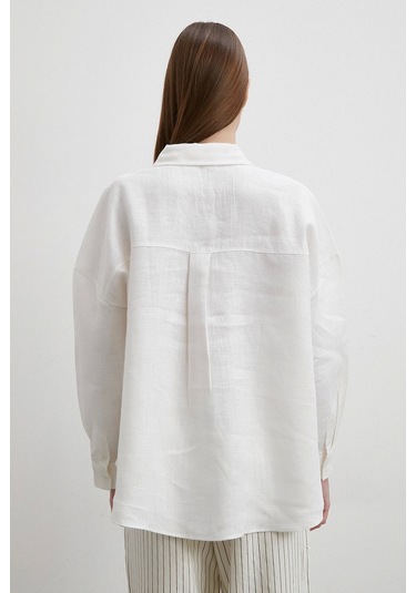 Robalı Cepli Keten Gömlek Ekru Ekru