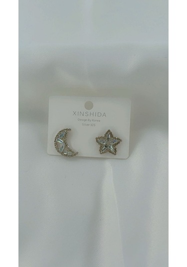 Kadın Ay Yıldız Model Küpe Gümüş Renk Gümüş