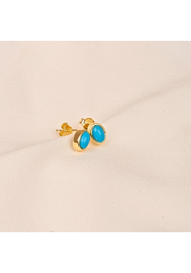 Altın Küpe - 14 Ayar Altın Firuze Turkuaz Taşlı Oval Küpe Sarı