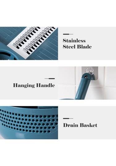 Geeksen Mavi Çok İşlevli Kalın Dairesel Süzgeçli Sebze Dilimleyici - 6 Bıçak/12 Fonksiyon Halka Tutucu, Eldiven, Soğutucu Sepet Mavi