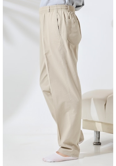 Erkek Krem Rahat Kesim Beli Lastikli Keten Hac Ve Umre Şalvar Pantolon Krem