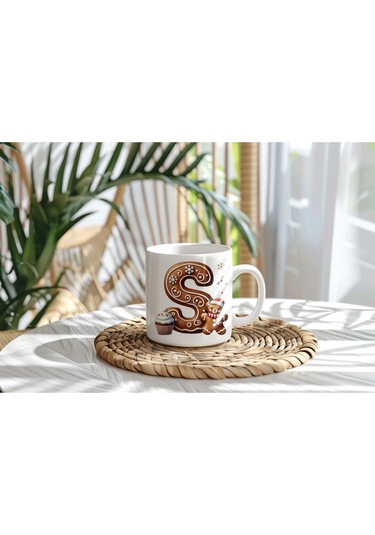 S Kurabiye Harf Ve Ayıcık Detaylı Kupa Bardak - Yeni Yıl / Yılbaşı Temalı Tasarım - Noel Hediye Beyaz