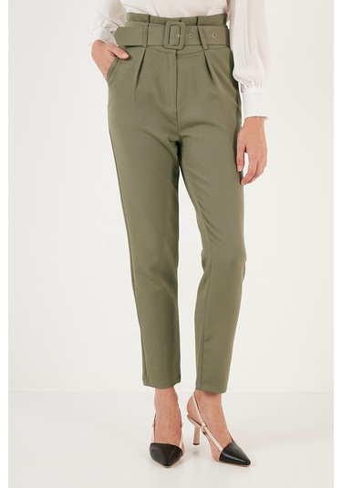 Lela Yüksek Bel Cepli Kemerli Regular Fit Kumaş Bayan Pantolon 611Pl04 Olive