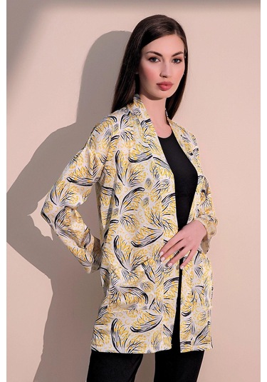 Kadın Sarı Safari Desen Yeni Moda Saten Çift Cepli Salaş Kimono Ceket - Tesettüre Uygun Sarı