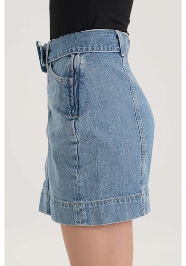 Açık Mavi Yüksek Bel Kemer Detaylı Jean Etek C 4532-034 Açık Mavi