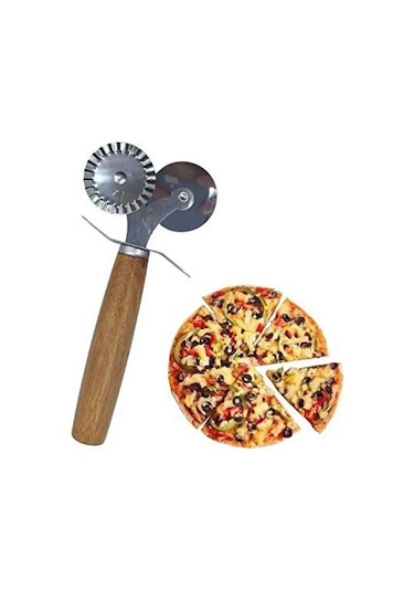 Ahşap Saplı Hamur Ve Pizza Kesme Ruleti Pizza Cutter 2'li Hamur-p Ahşap