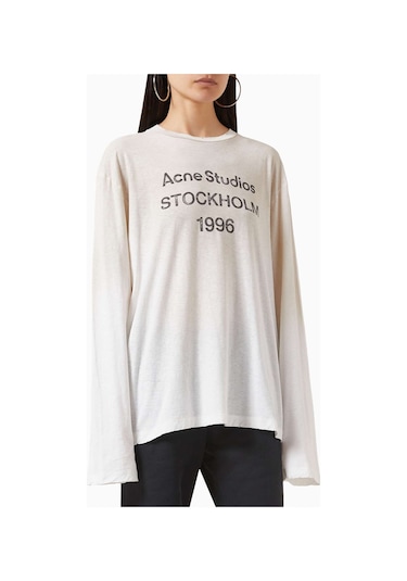 Acne Studios 1996 Logo Baskılı Tişört - Pamuk Karışımı - Oversize Kesim & Yıpranmış Detaylar Beyaz
