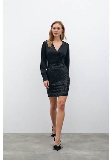 Sateen Payet Detaylı Saten Elbise - Siyah-135687 Siyah