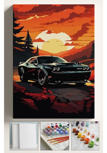Sayılarla Boyama Seti Numaralı Tuval Fırça Boya Dahil Kasnaklı Set 40x50 Cm - Siyah Dodge Araba