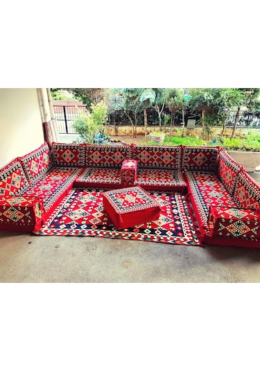 Şark Köşesi Minderi Ürgüp Desenli Kilim Orta Puf Takımı Konsept Kırmızı