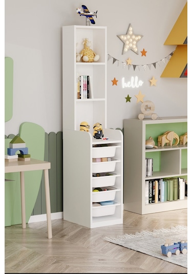 Bofigo 5 Sepetli 3 Raflı Dolap Çok Amaçlı Dolap Oyuncak Dolabı Derya Beyaz Beyaz