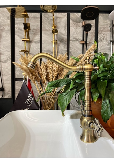 İsaoğlu Yapı Antik Gold Kempinski Rustik Mutfak Bataryası Mat Altın Evye Musluğu Eskitme Batarya Rustik Musluk Gold
