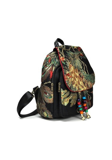 Siyah Vintage Kadın Sırt Çantası Nakış Tavuskuşu Payet Sırt Çantası Ulusal Boho Boncuk Seyahat Okul Çantası Siyah